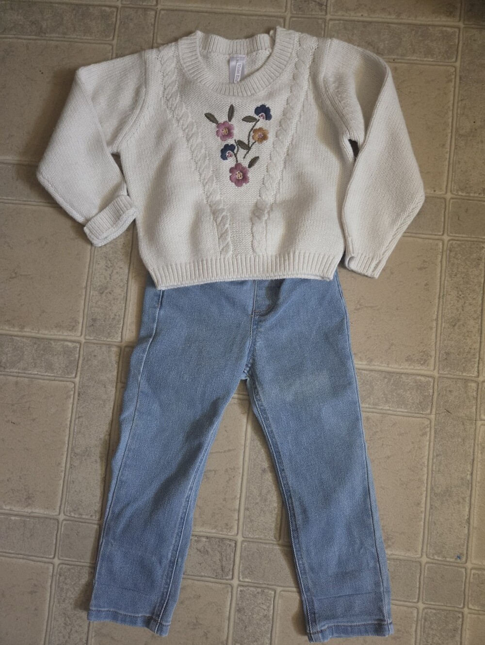 Garanimals Cream Cable-Knit Sweater with Embroidered Floral Accents